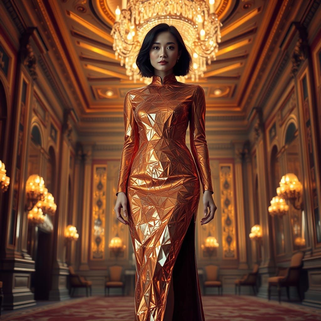 Crystalline Dress in Opulent Ballroom, Hyperrealistic Digita...