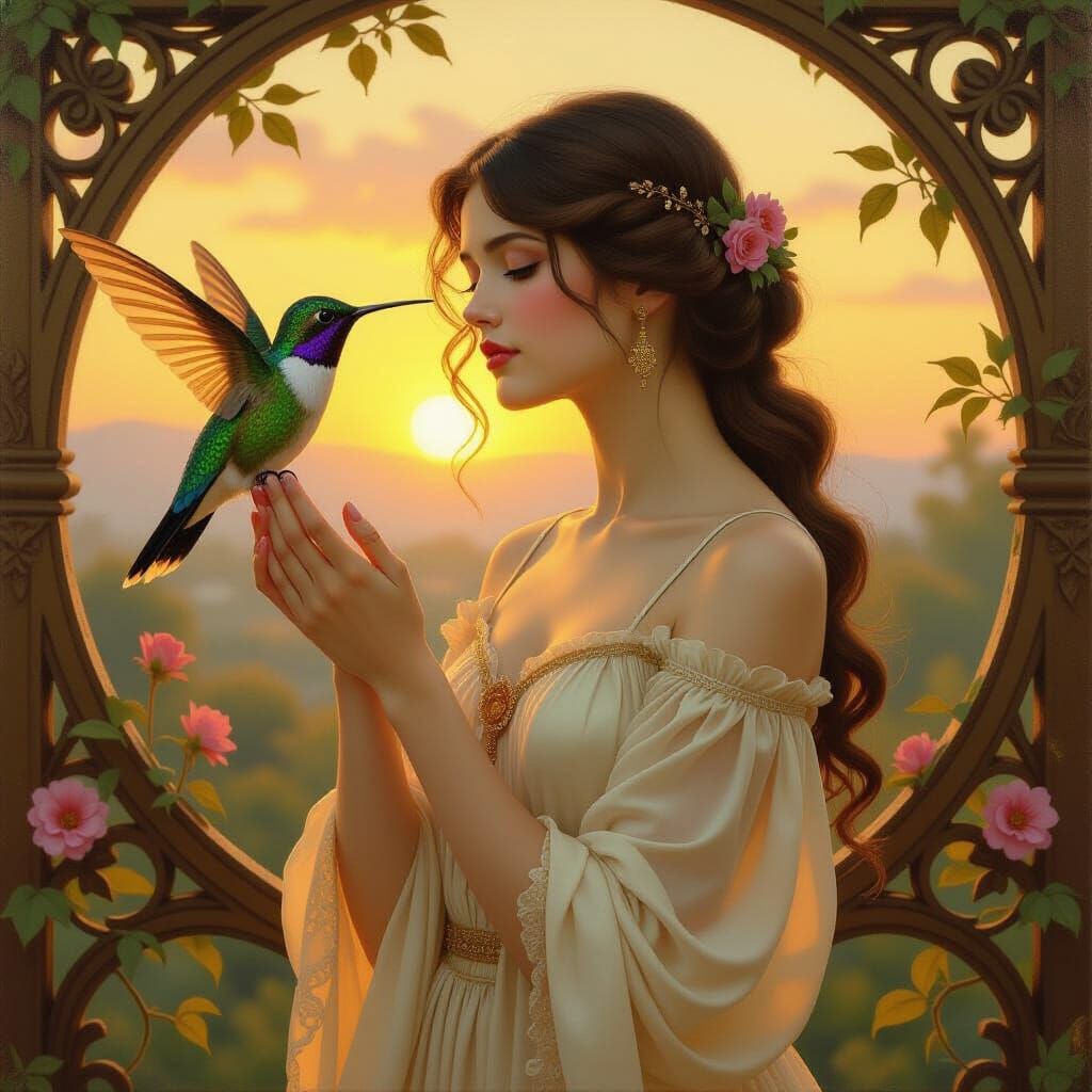 Young Woman and Hummingbird in Golden Hour Light