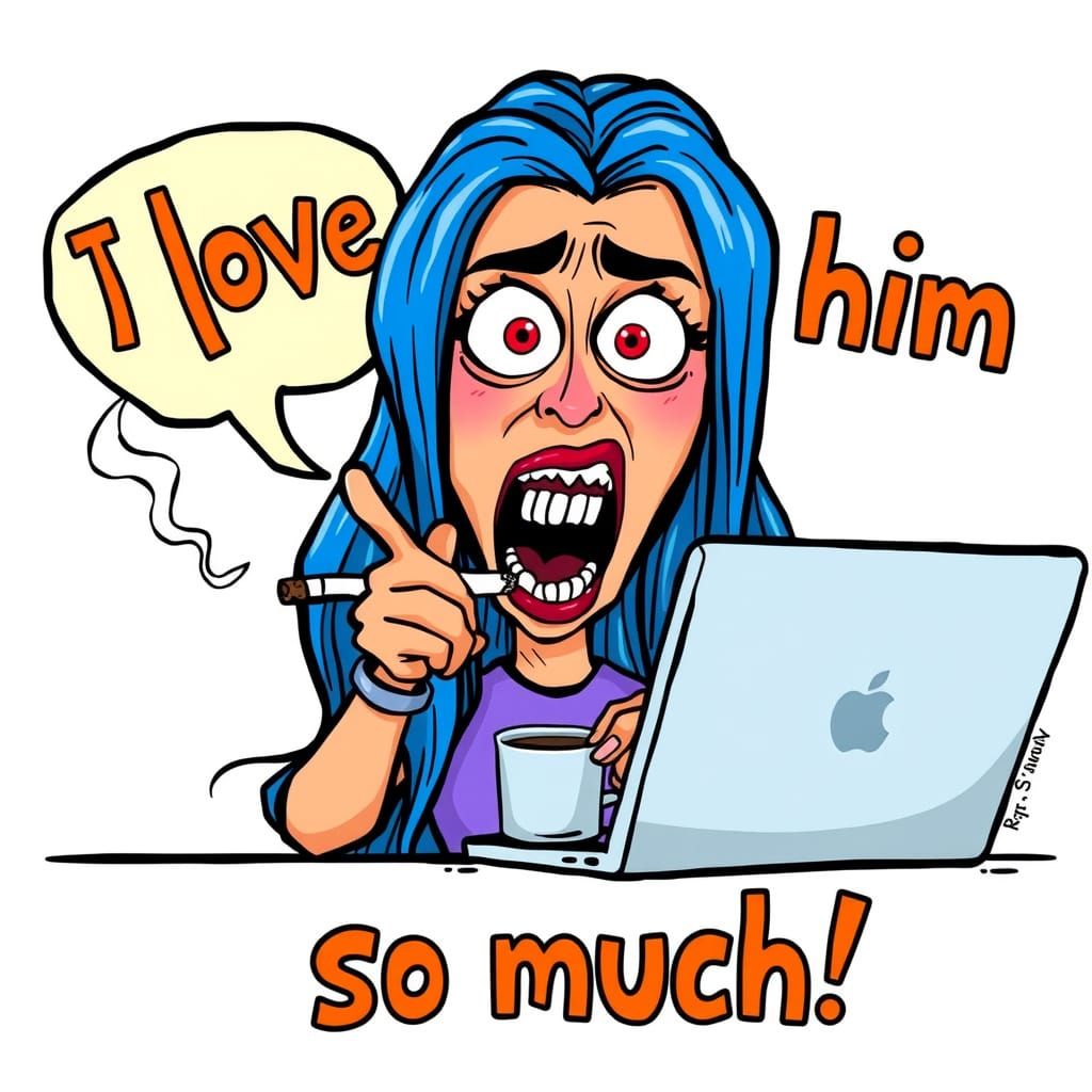 A cartoon woman style of R. CRUMB  with long blue hair at a ...