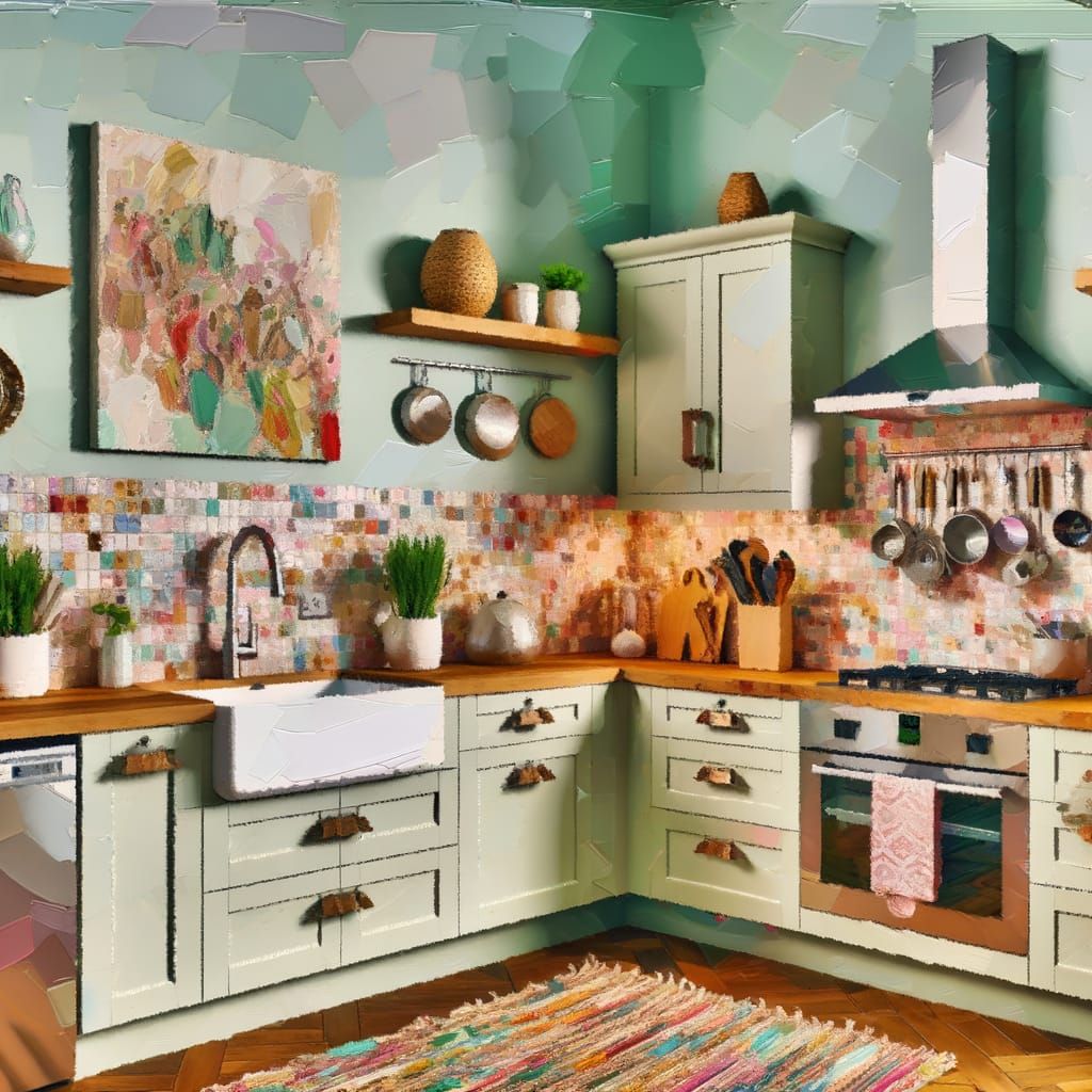 Eclectic Boho Kitchen Design as Impasto Oil Painting