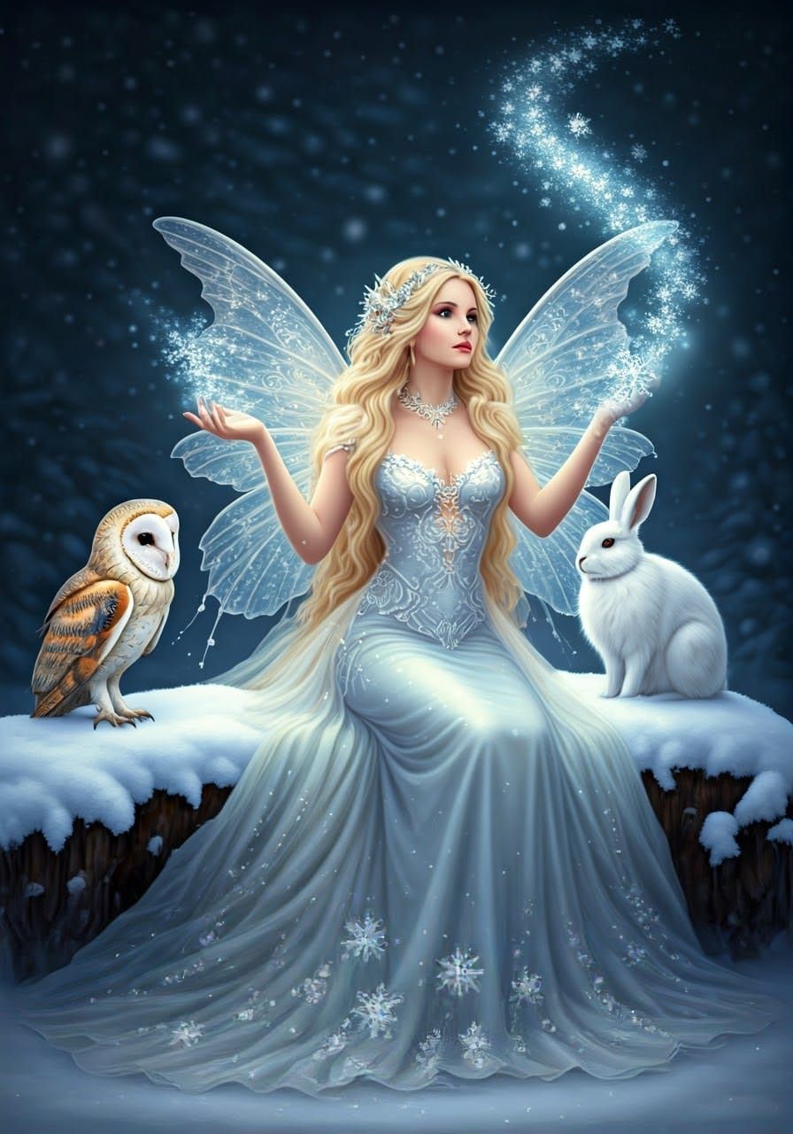 Winter Fairy Sits with Friends in Snowy Forest