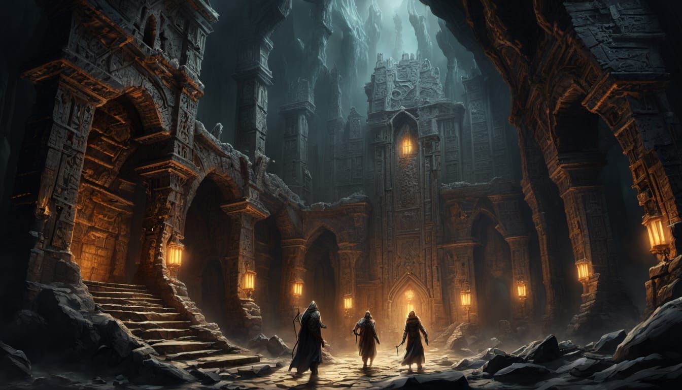 Adventurers Discover Ancient Structure in Fantasy Art