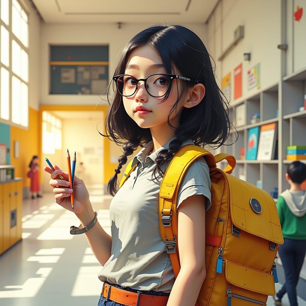 Math Girl in Vibrant School Hallway