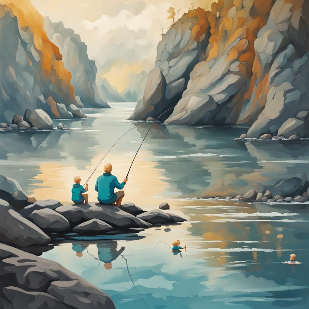 Father and Son Fishing: Abstract Art with Complementary Colo...