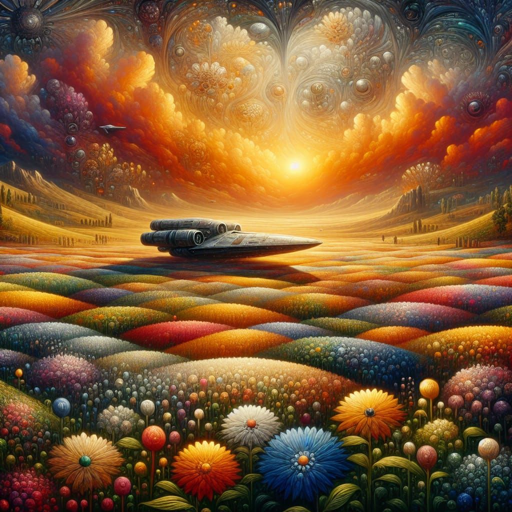 Spaceship in Flower Field as Digital Matte Painting