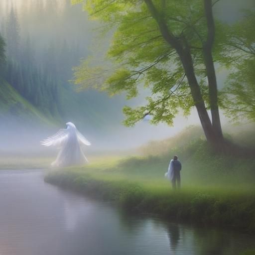 Angel Figure Overlooking Misty Valley in Oil Painting Style