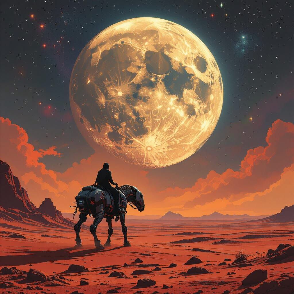 Cosmic Loneliness: Rider on Mechanical Steed Under Alien Moo...