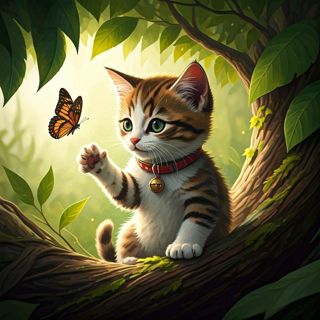 Kitten Plays with Butterfly in Watercolor Tree