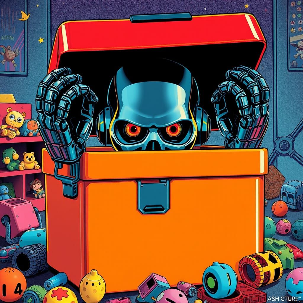 Cybernetic Terminator Peeks from Toy Box in Retro-Futuristic...