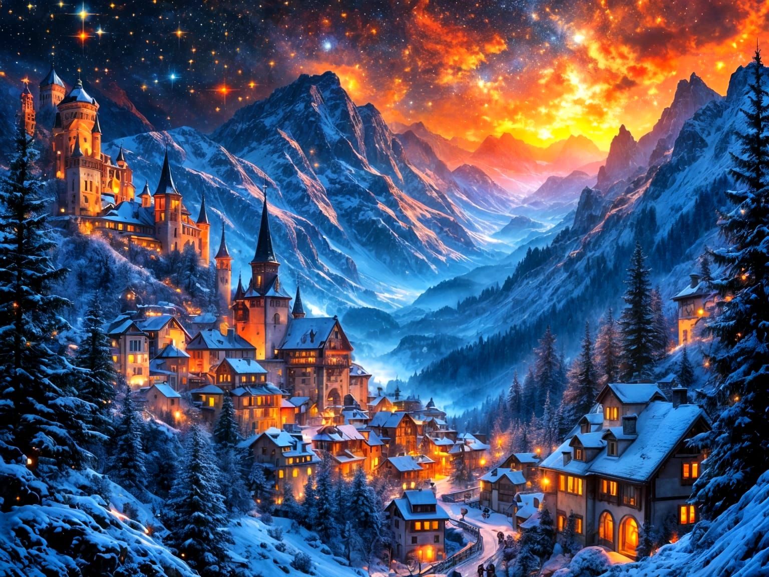 Baroque Rococo Alpine Village Under Kaleidoscope Starlight S...