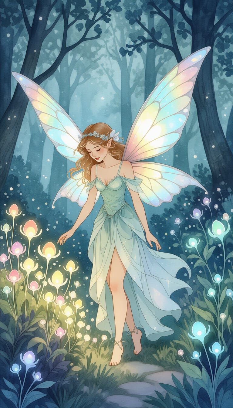 Ethereal Fairy in Bioluminescent Garden, Watercolor Art
