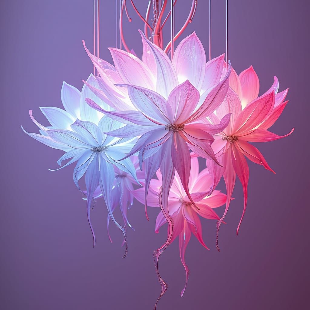 Surreal Botanical Forms in Neon-Hued Latticework