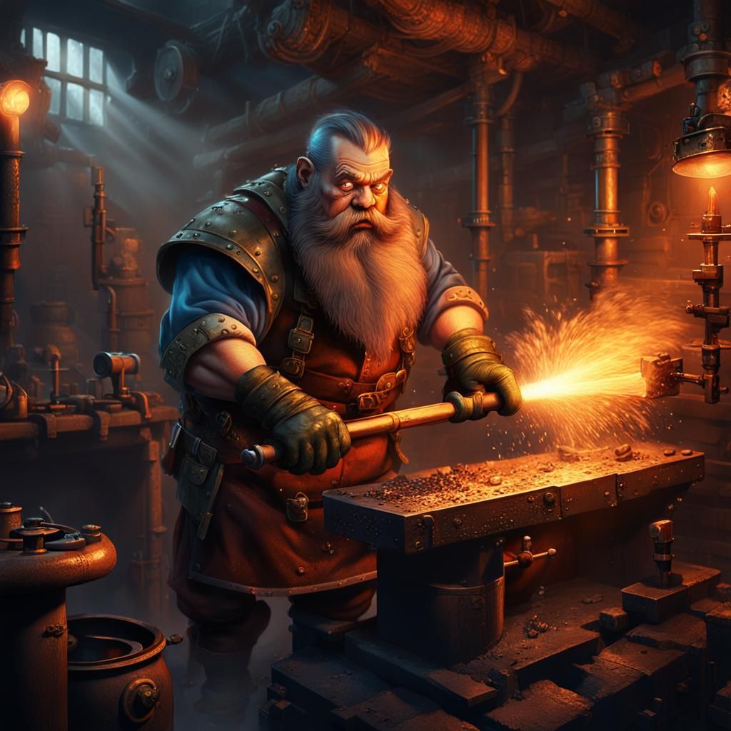 Steampunk Dwarf Smith in Underground Workshop