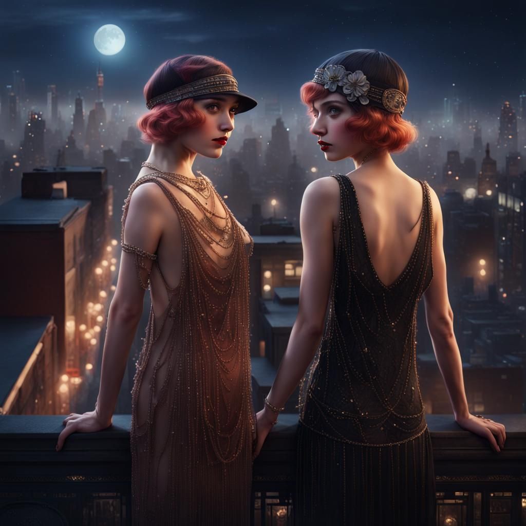Flapper Girls in 1920s City at Night
