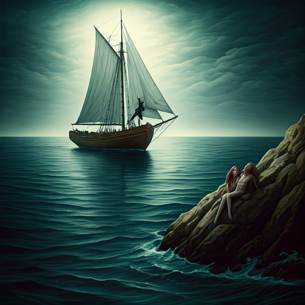 Sirens Singing to Distant Ship: Mystical Illustration