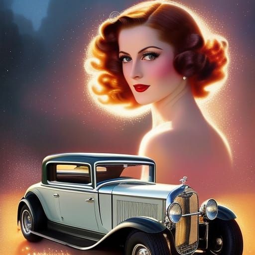 Vintage Car with Beautiful Woman, Golden Age Illustration
