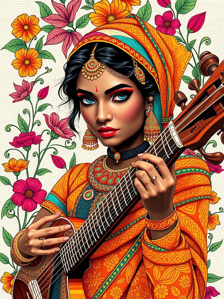 Ethereal Indian Woman Playing Sitar in Fractal Landscape