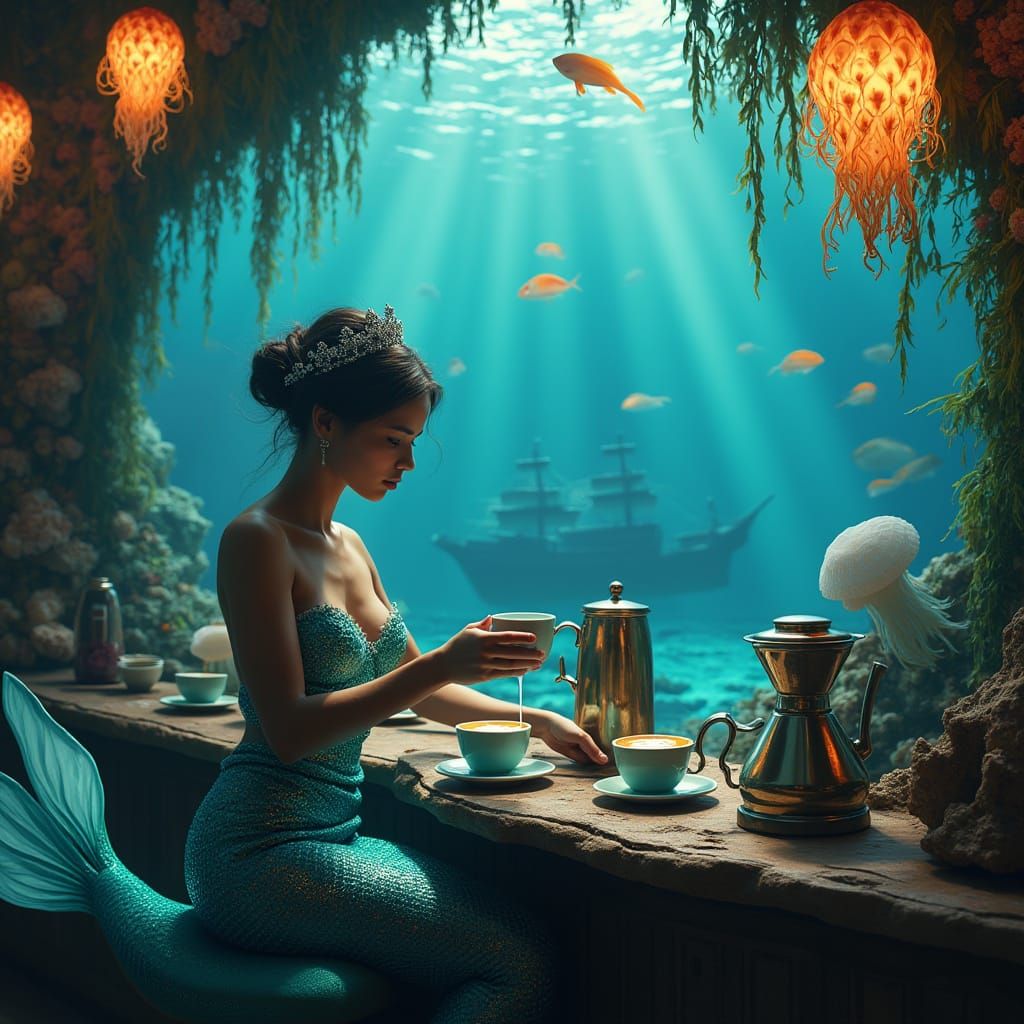 Underwater Mermaid Barista in Bioluminescent Coral Cafe