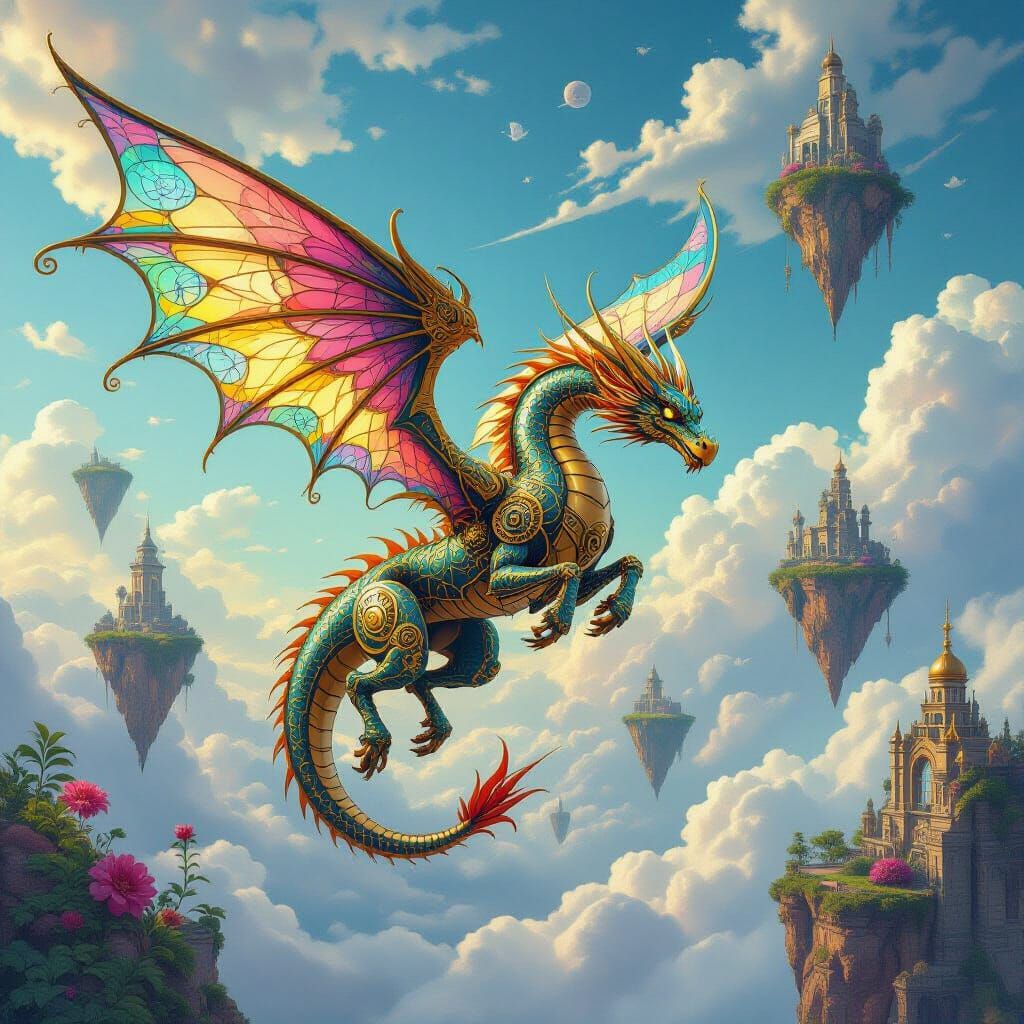 Clockwork Dragon Soaring Through Alien Skies