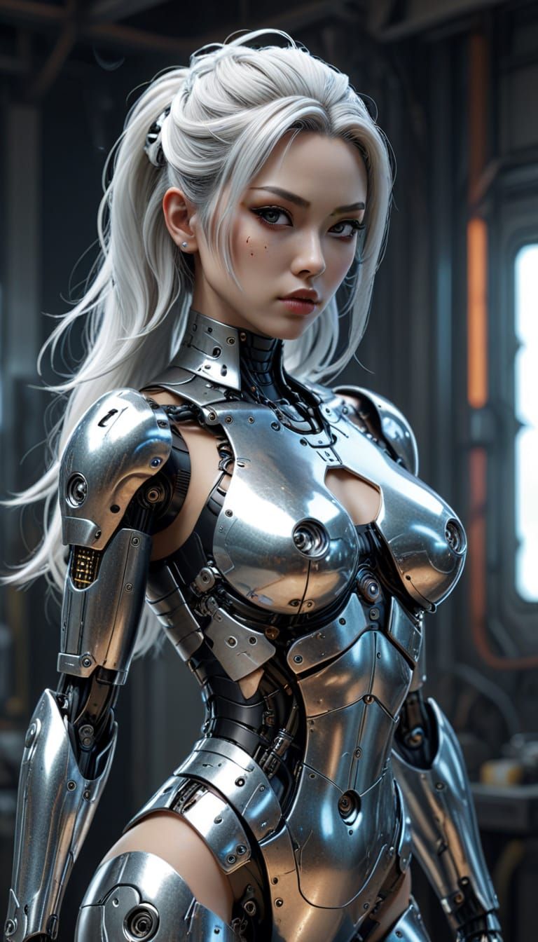 Frightening Japanese Cyborg Pinup in Cyberpunk Style