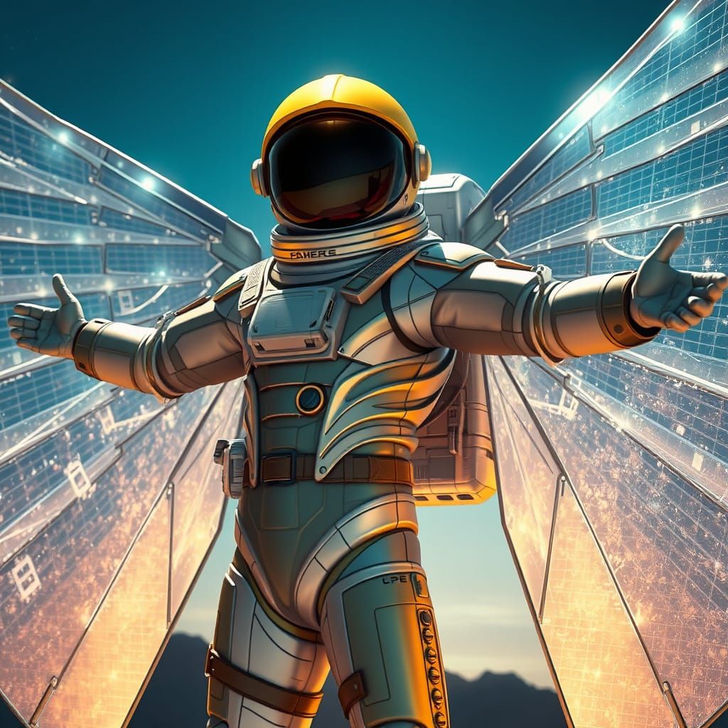 Heroic Astronaut Unfurls Solar Panel Wings in Futuristic Spa...