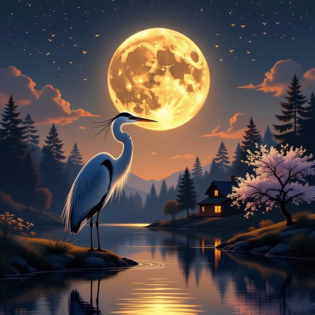 Heron by Moonlit Lake in Golden Sepia Tones