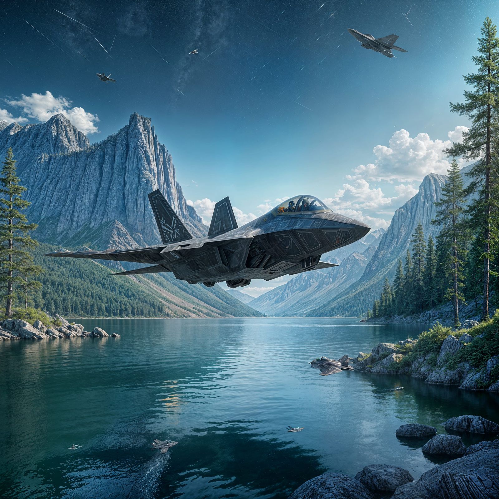 F-22 at Lake with Mountains, Detailed Matte Painting