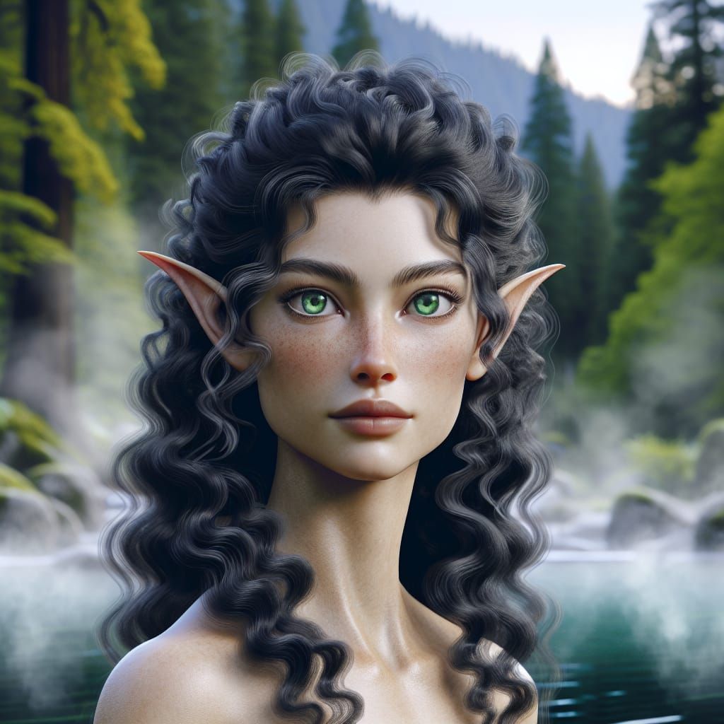 Hyperrealistic Elf by Hot Spring Pool in Forest