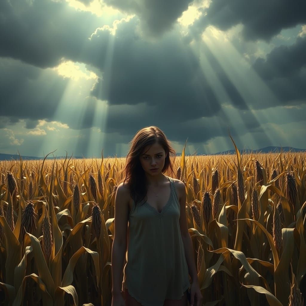 Distressed Woman Lost in Stormy Corn Maze
