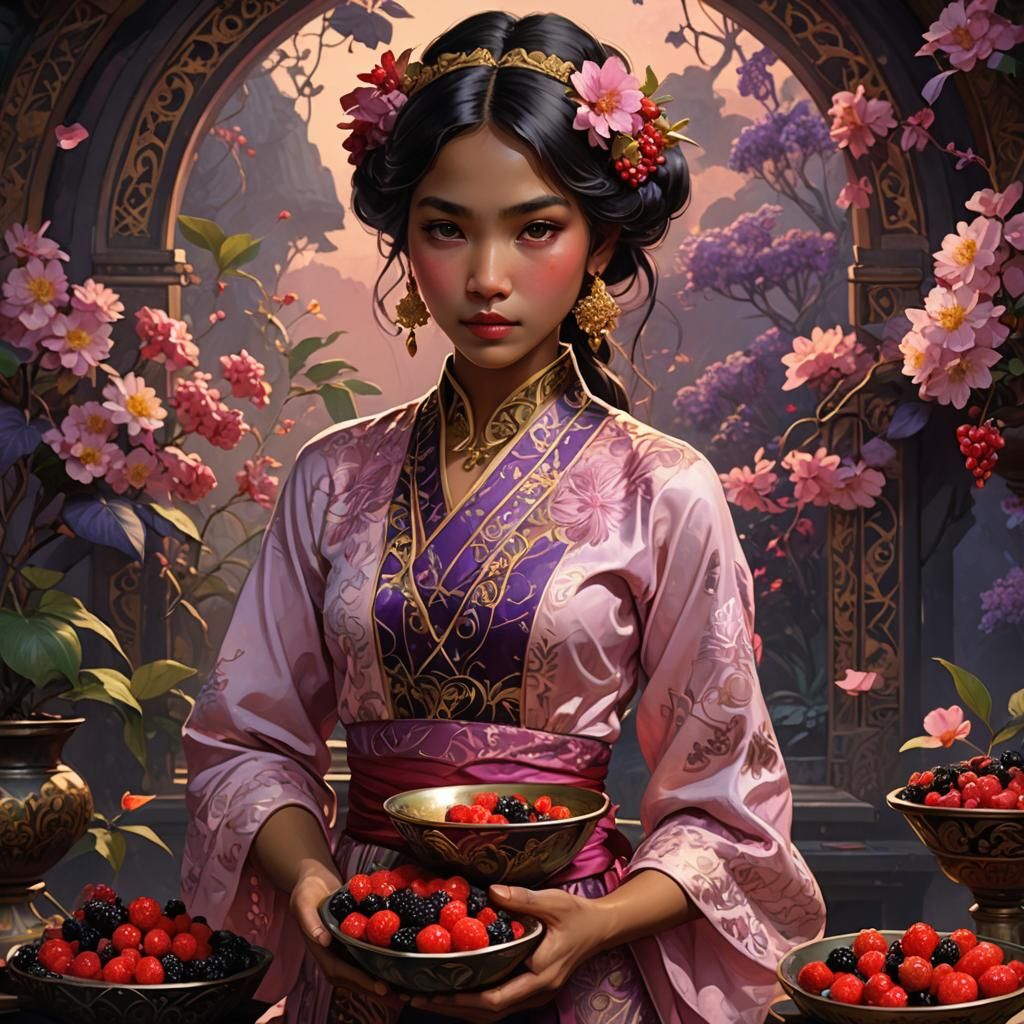 Javanese Girl with Berries in Dark Fantasy Art Nouveau