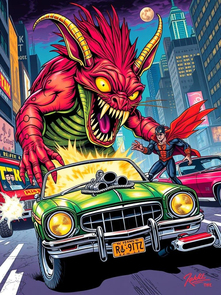 Superhero vs Ratfink Monster in Ed Roth Style