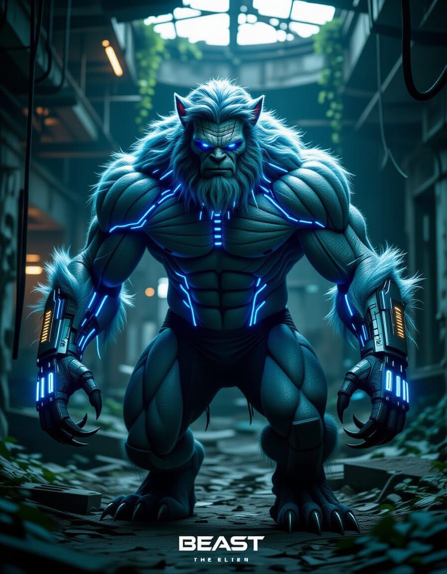 Cyber-Organic Beast Portrait in Ruined Lab