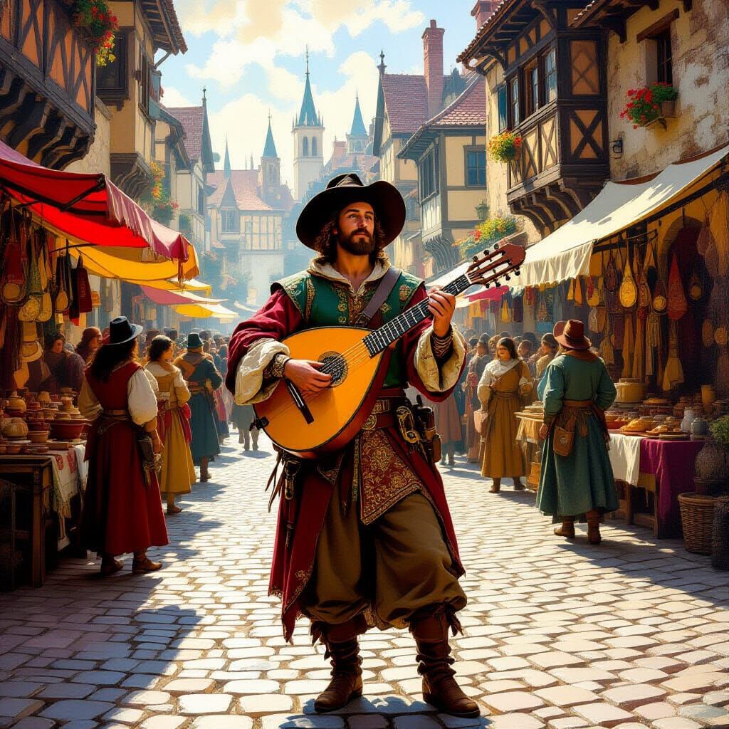 Medieval Minstrel in Bustling Marketplace Oil Painting