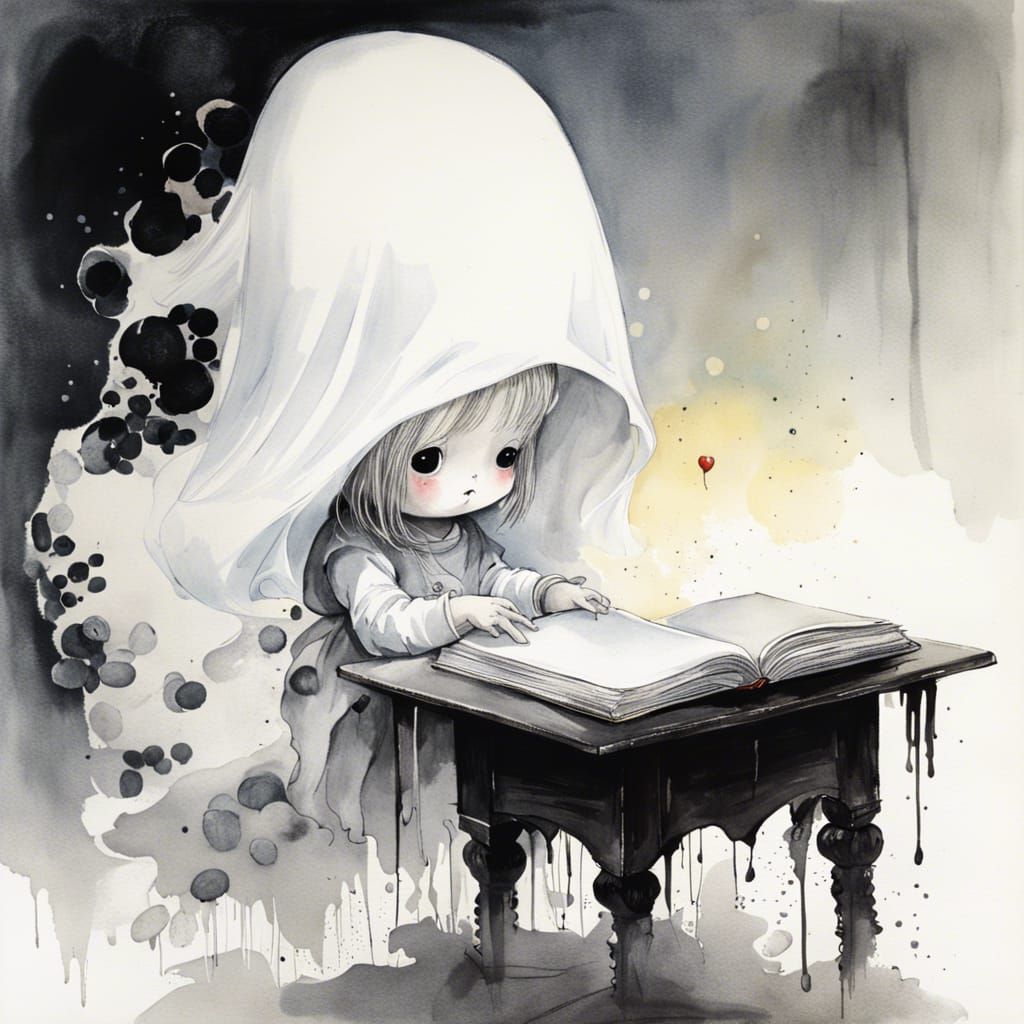 Cute Baby Ghost Reads Book in Watercolor Style