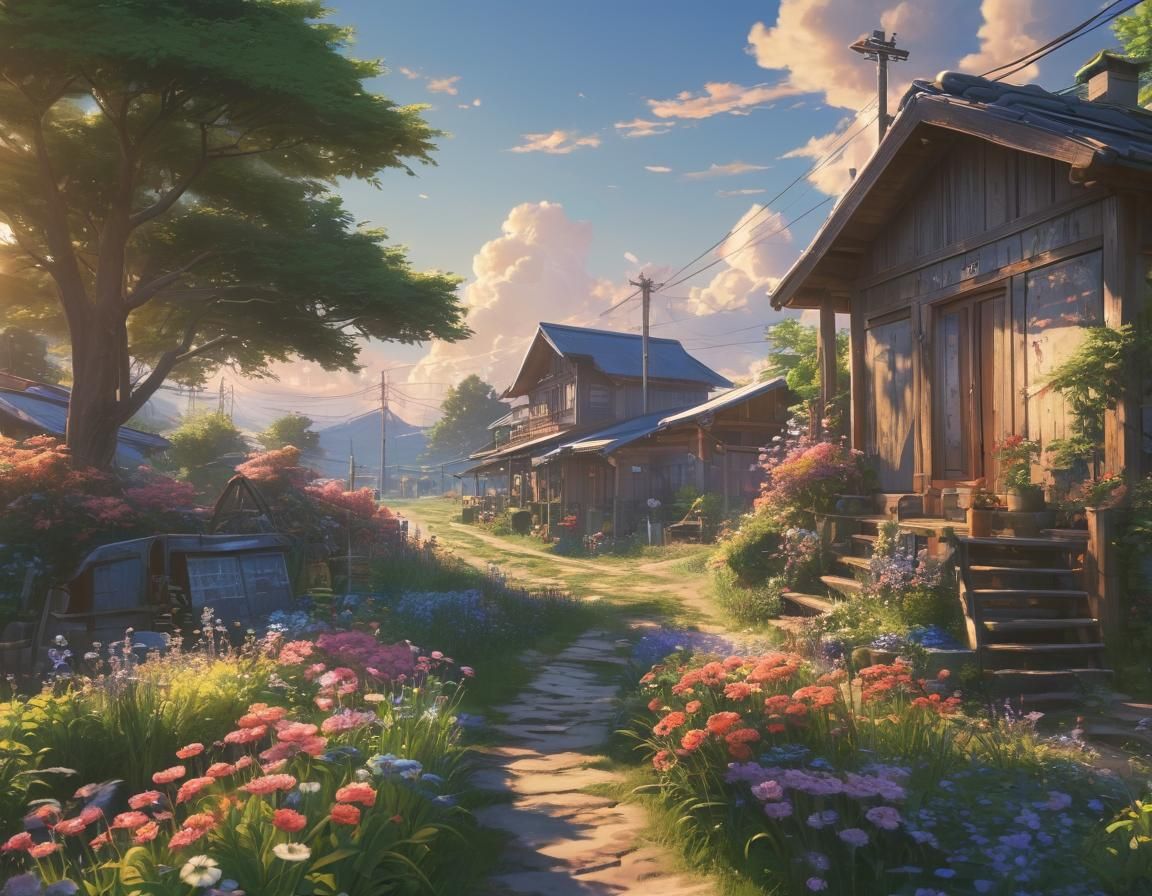 Surreal Village Scene in Anime Style