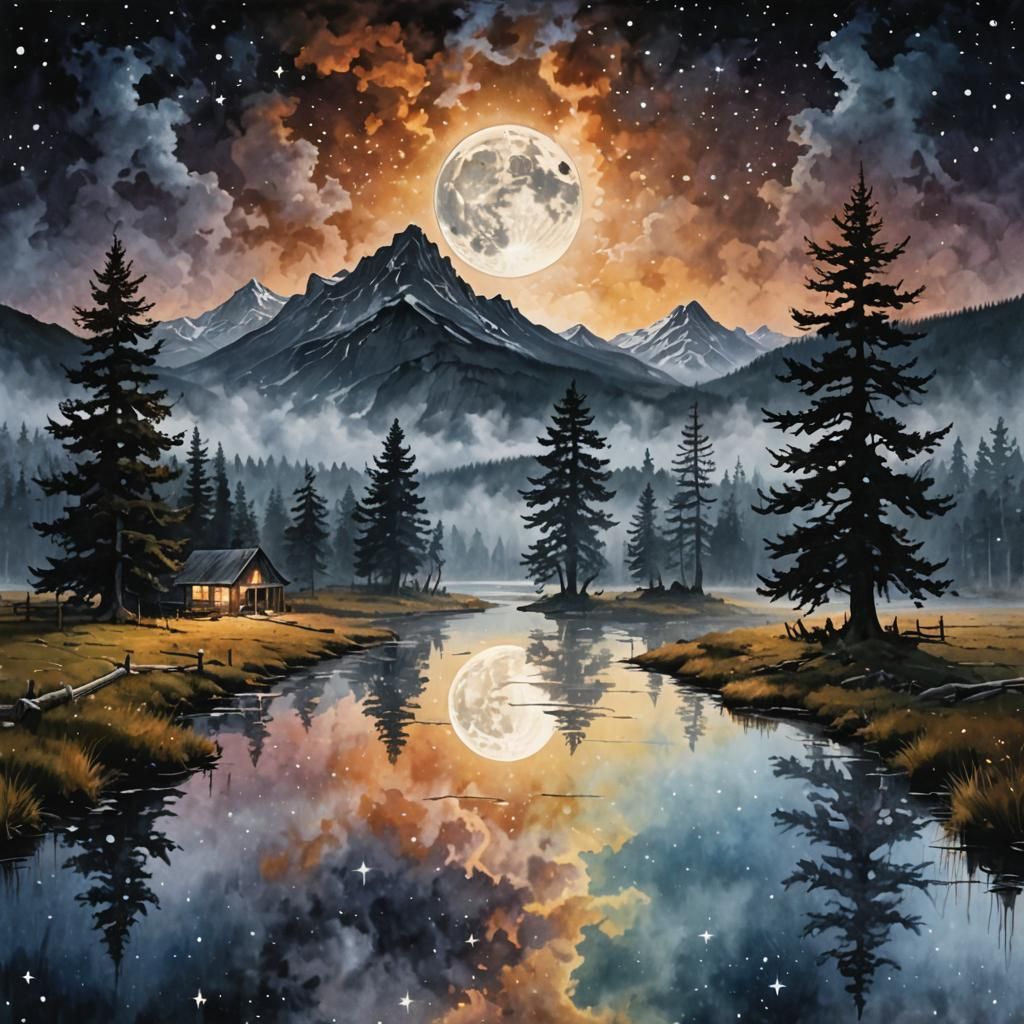 Fantasy Landscape in Watercolor with Wet Road