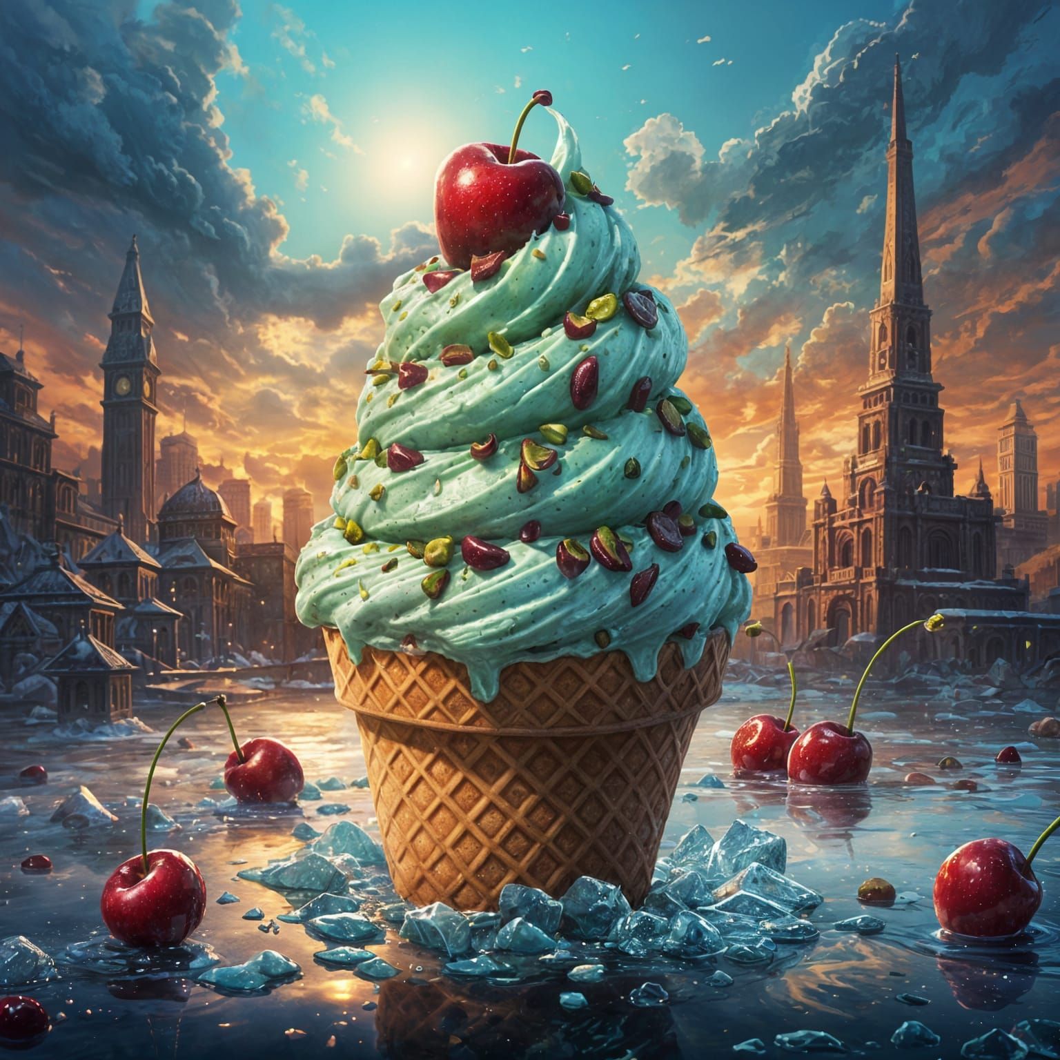 Hyperrealistic Ice Cream Cone with Pistachio and Raspberry