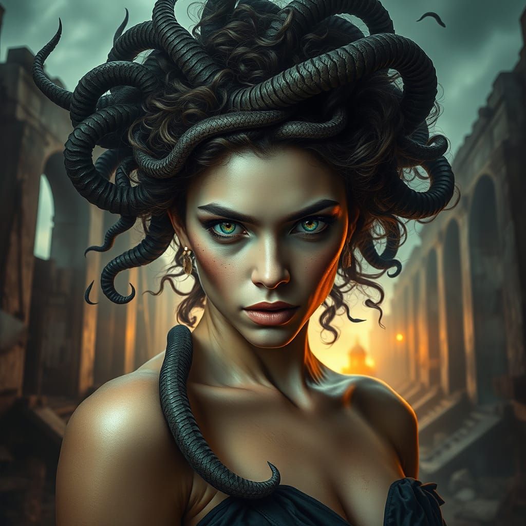 Epic Digital Portrait of Medusa in Ancient Ruins