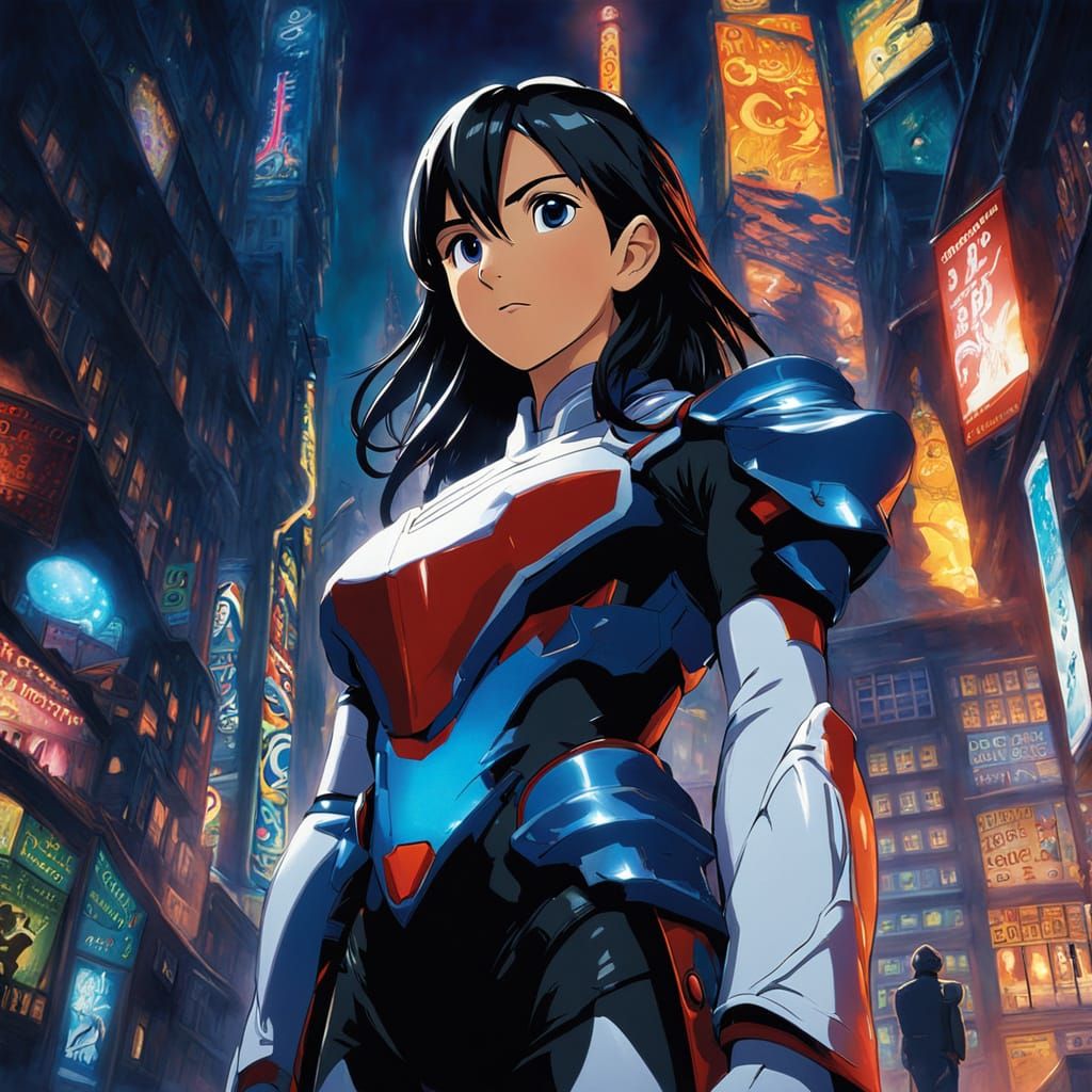 Heroic Girl in Futuristic Armor, Studio Ghibli Style