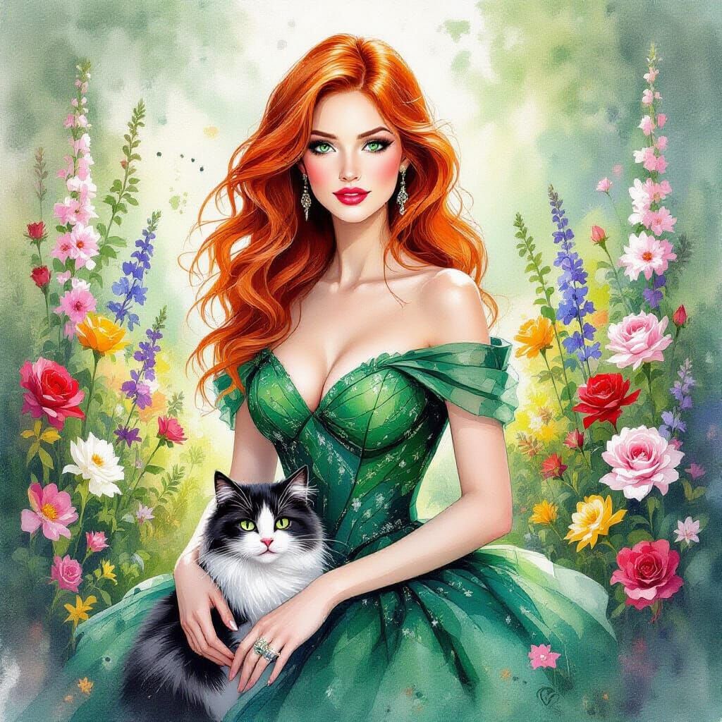 Woman and Cat in Fantasy Garden: Watercolor & Oil Painting