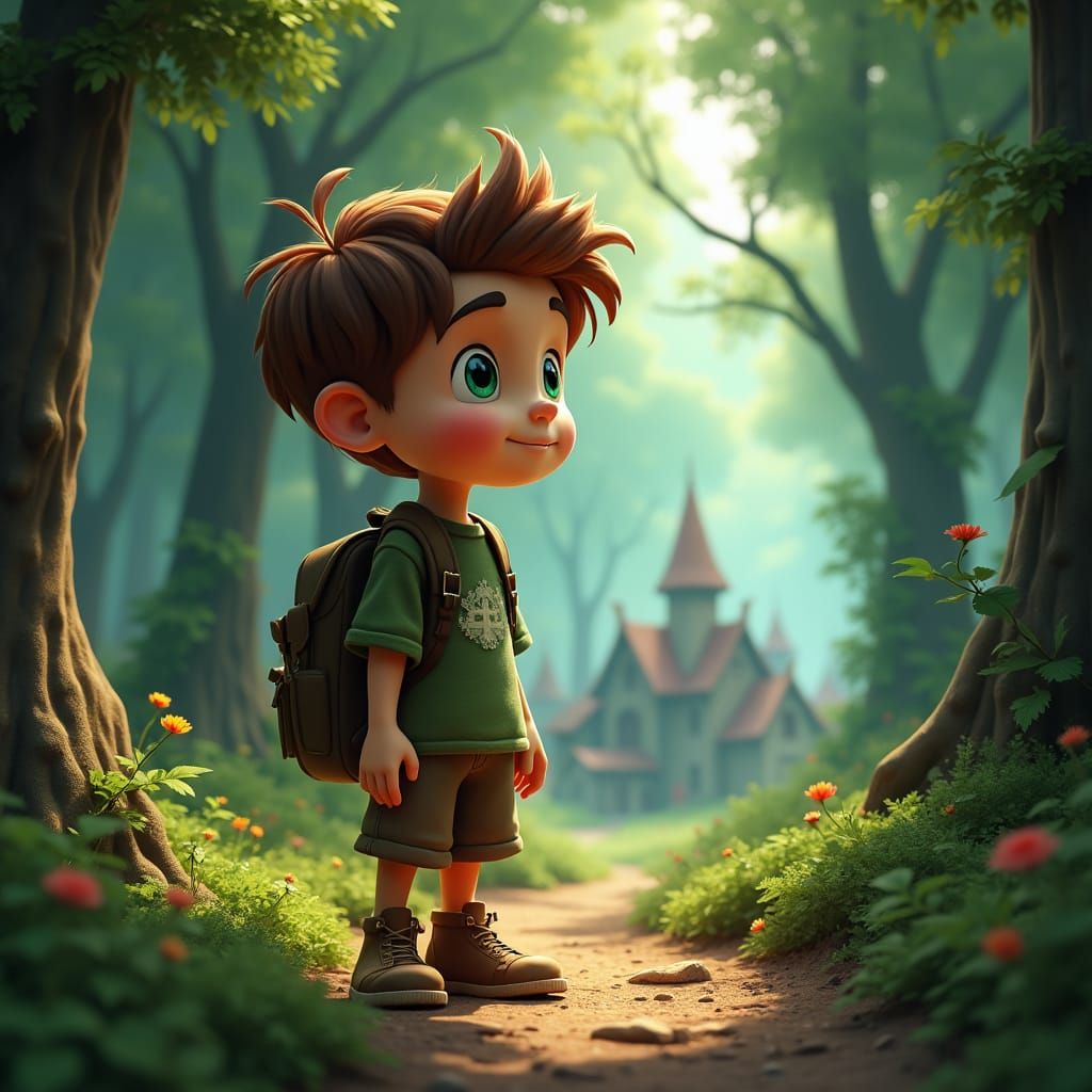 Boy at Forest Edge in Pixar Animation Style