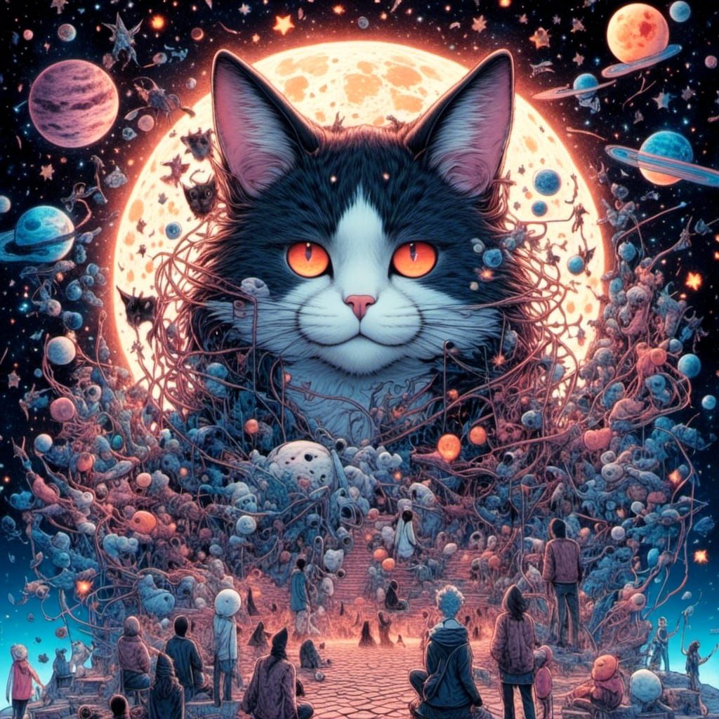 Cats Silhouetted Under a Starry Sky