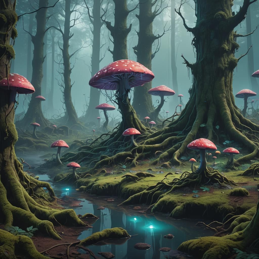 Ethereal Forest with Glowing Mushrooms, Fantasy Concept Art