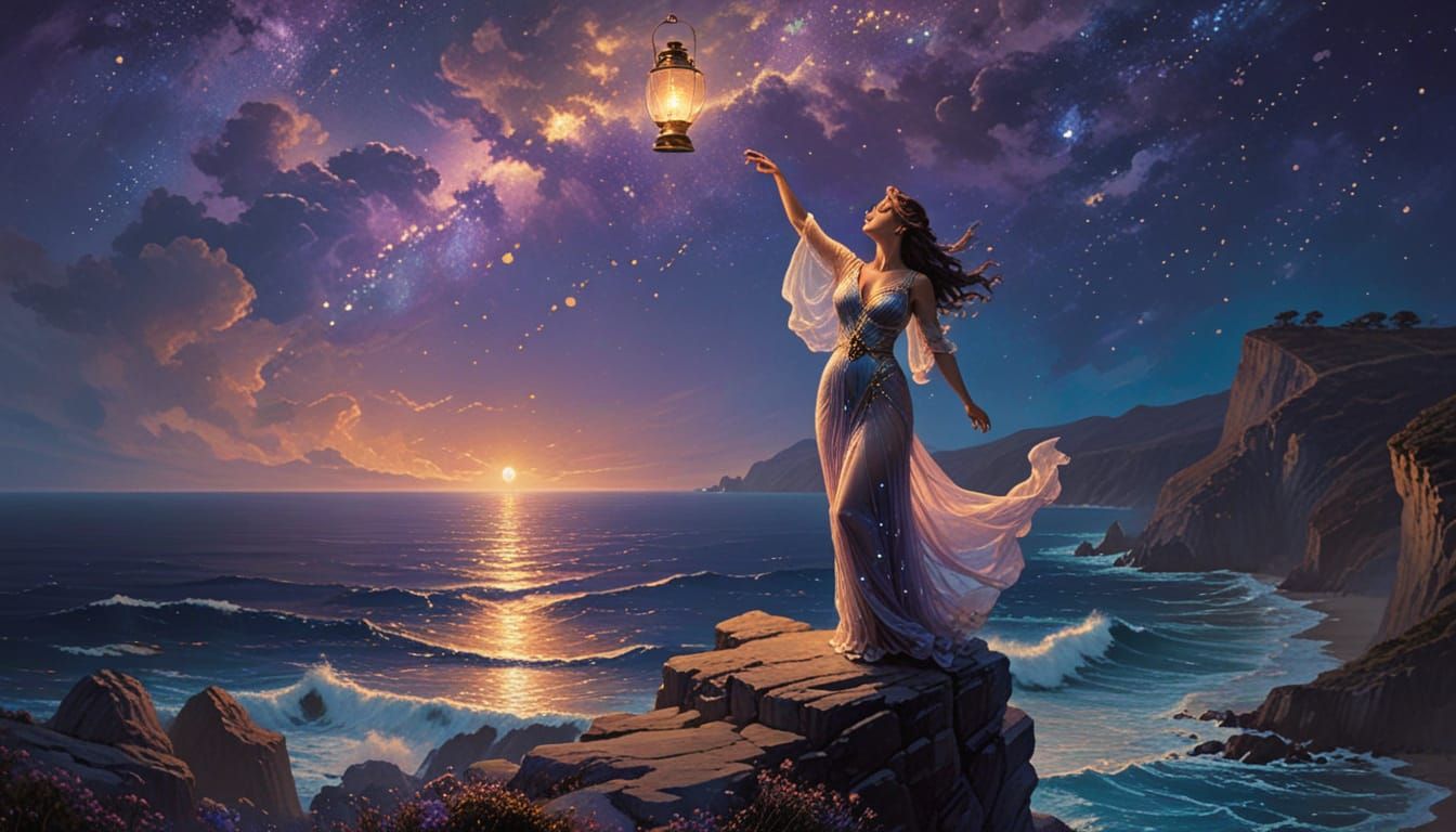 Ethereal Woman with Lantern Overlooking Starry Ocean