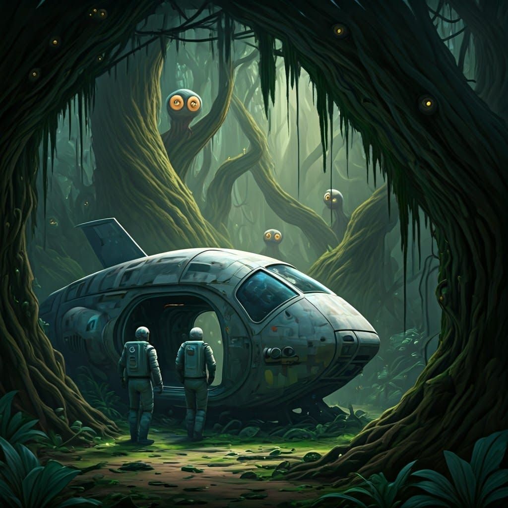 Crashed Spaceship Crew Explore Alien Jungle