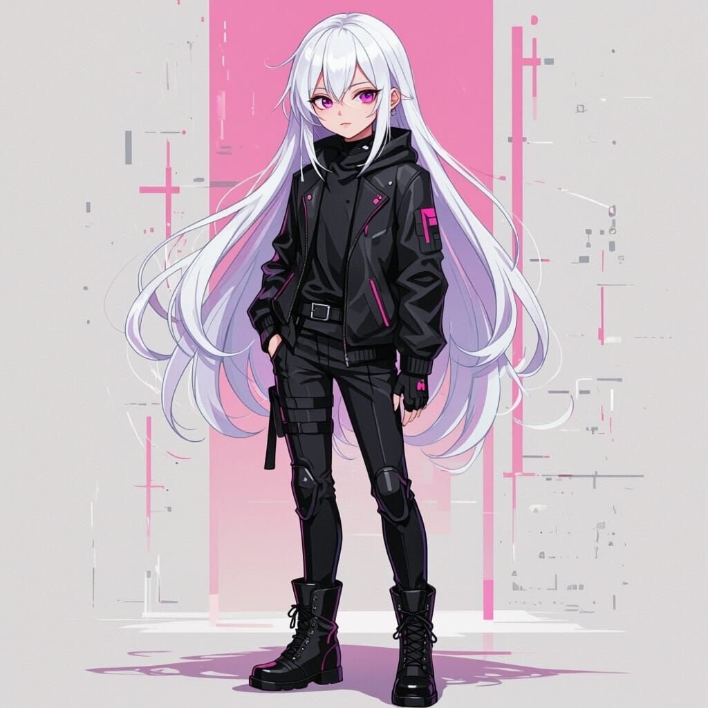 Cyberpunk Anime Boy with Long White Hair