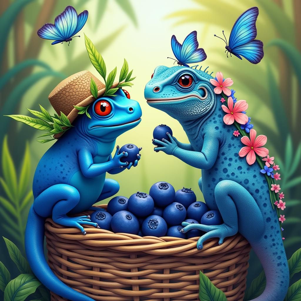 Blue Frog and Iguana Feast in Tropical Paradise