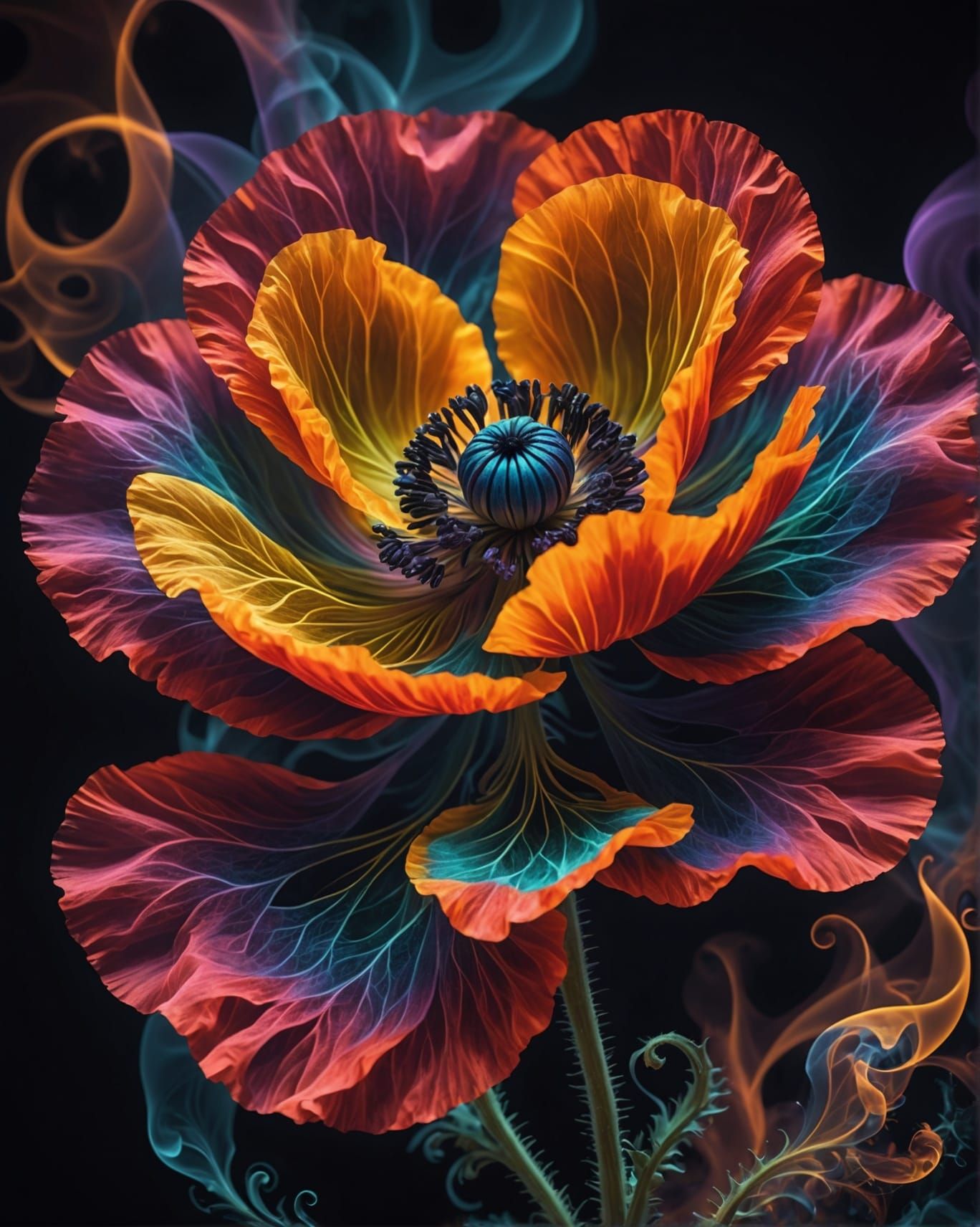 Fractal Poppy in Multicolored Smoke: 8K Resolution