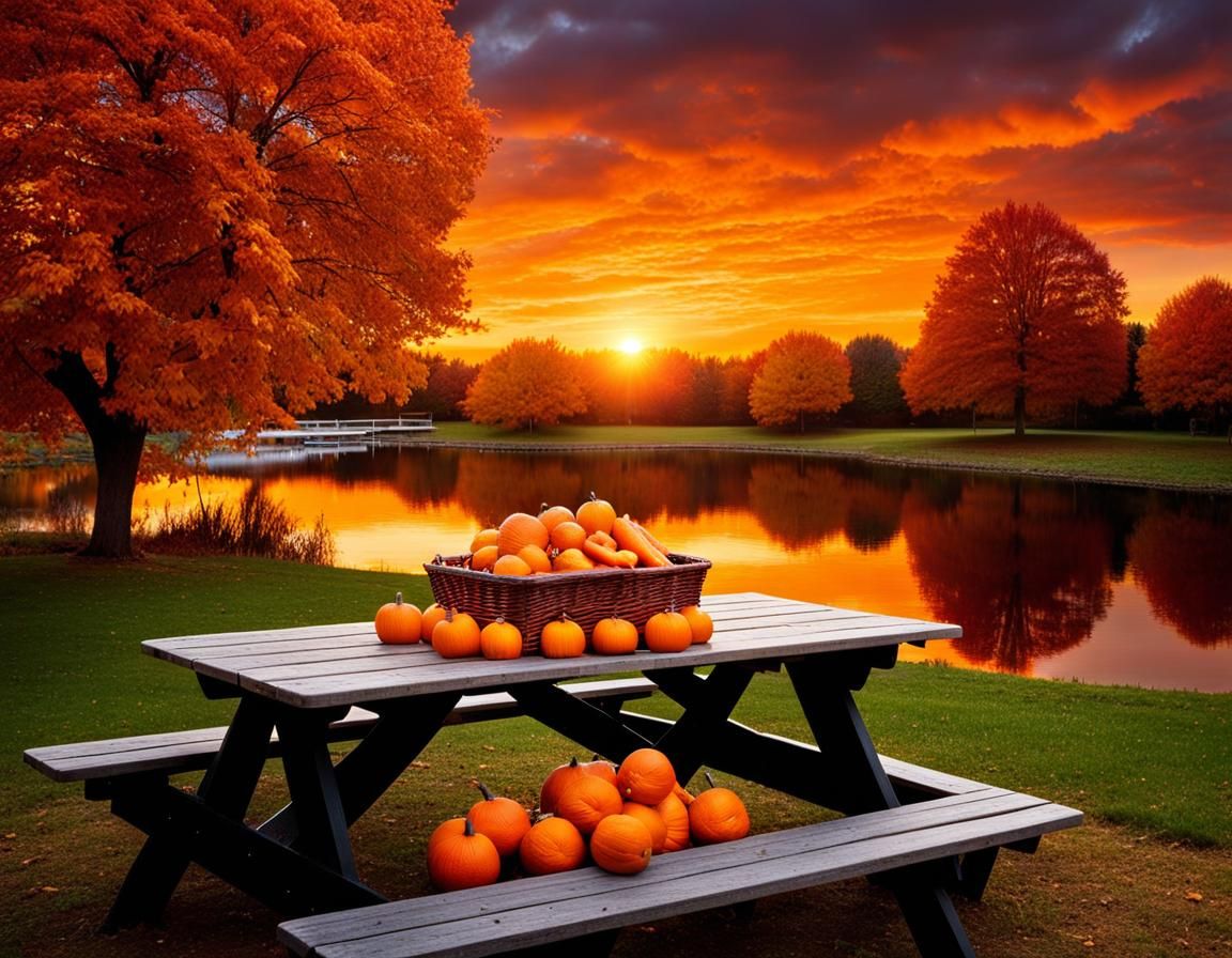 Autumn Picnic with Oranges, Carrots, and Pumpkins