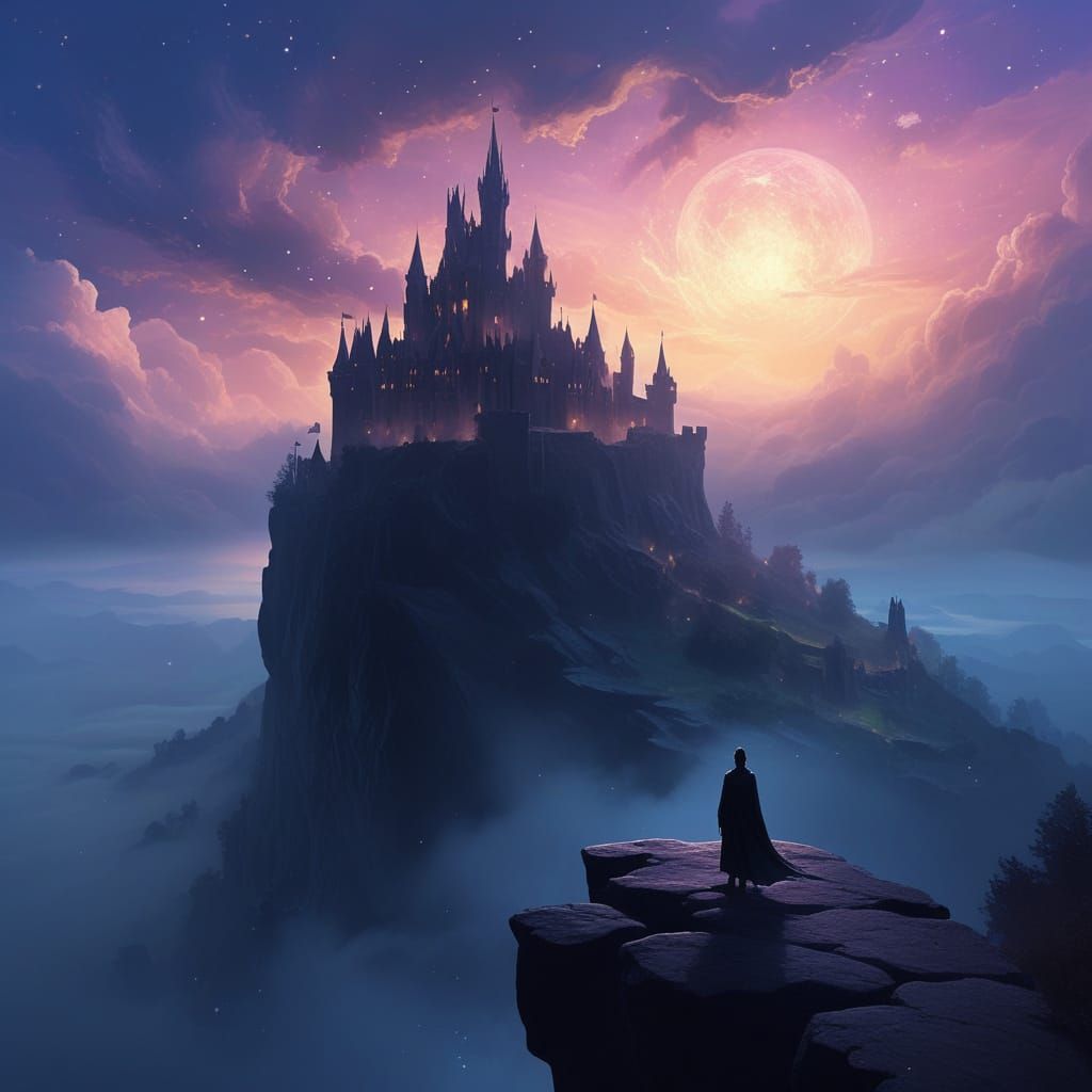 Silhouette on Cliff Overlooking Floating Sky Castles